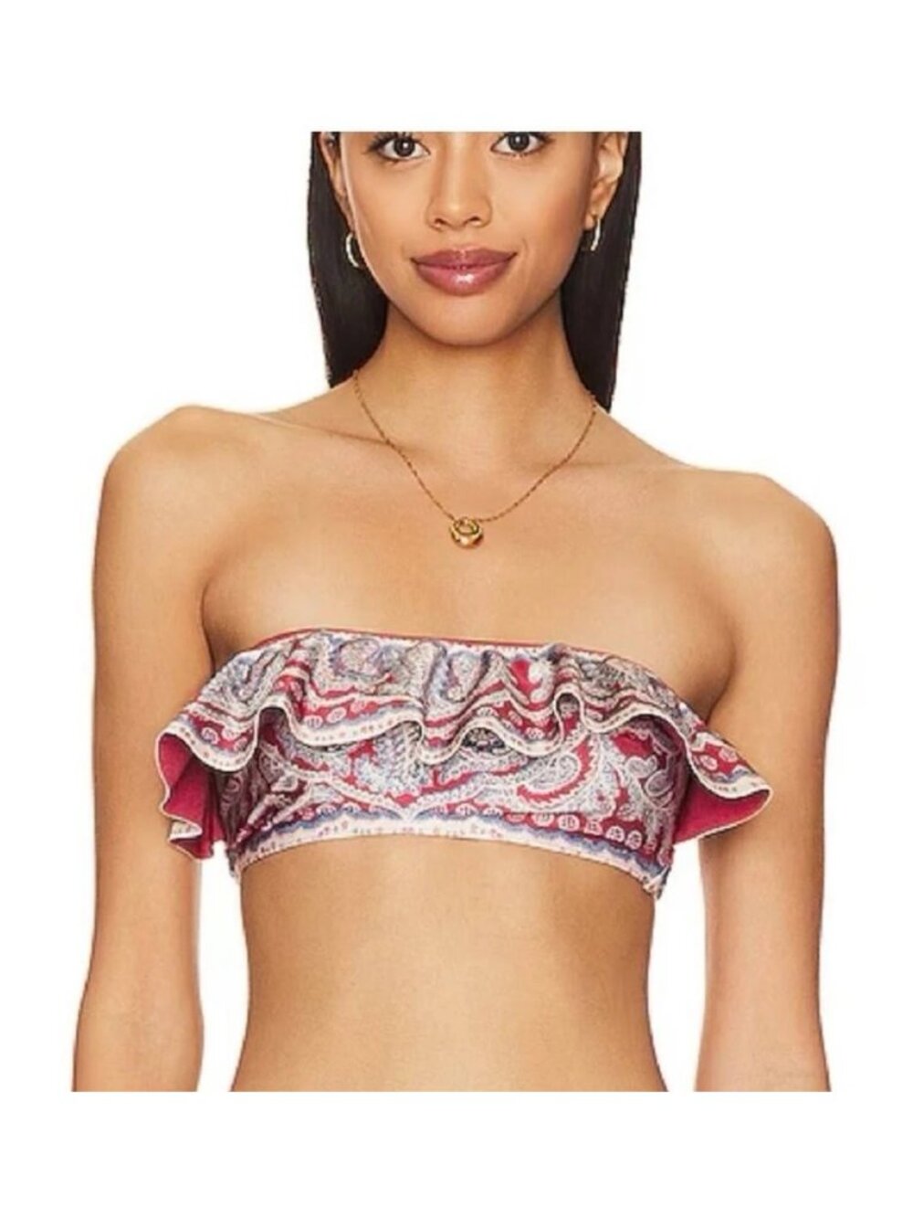 Zimmermann Vitali Frill Bandeau Paisley Printed Off-Shoulder Bikini Top Red/Blue